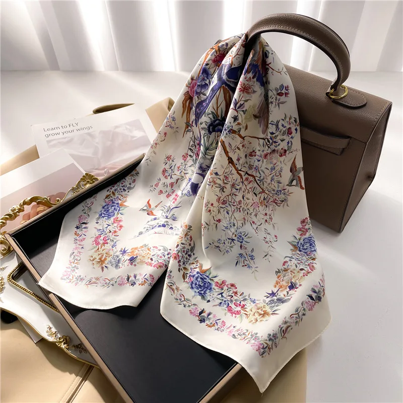 70cm Leaf Pattern Silk Scarf for Women Simulated Silk Fresh and Versatile Headwear Bag Clothing Accessories Square Scarf - Image 2