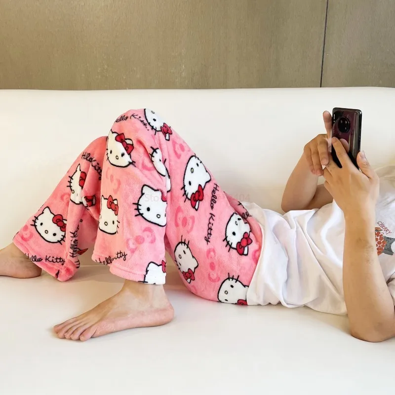 KT Cat Kitty Pajamas Black Anime Flannel Women Warm Woolen Whitecartoon Casual Home Pants Autumn Fashion Trousers Gifts - Image 3
