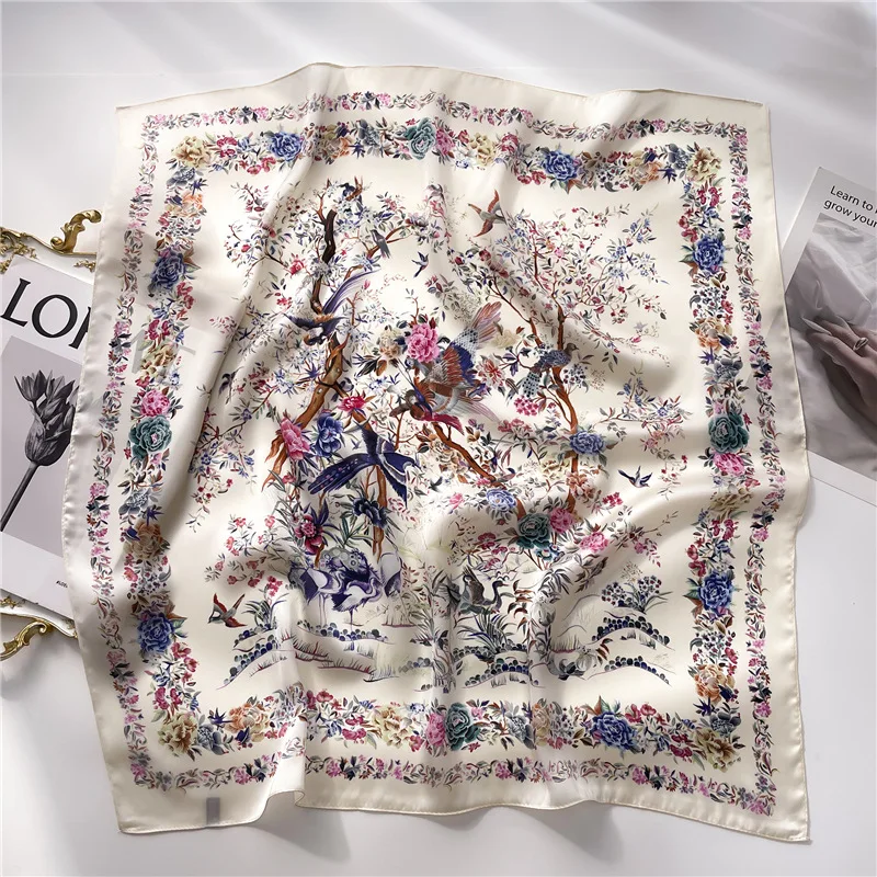 70cm Leaf Pattern Silk Scarf for Women Simulated Silk Fresh and Versatile Headwear Bag Clothing Accessories Square Scarf - Image 3