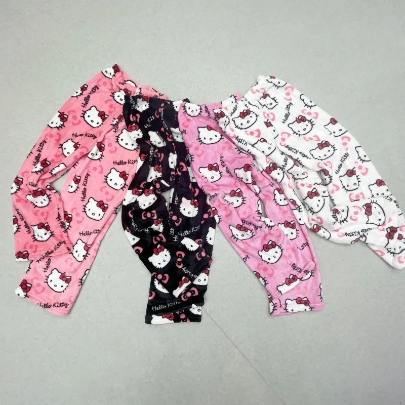 KT Cat Kitty Pajamas Black Anime Flannel Women Warm Woolen Whitecartoon Casual Home Pants Autumn Fashion Trousers Gifts - Image 4