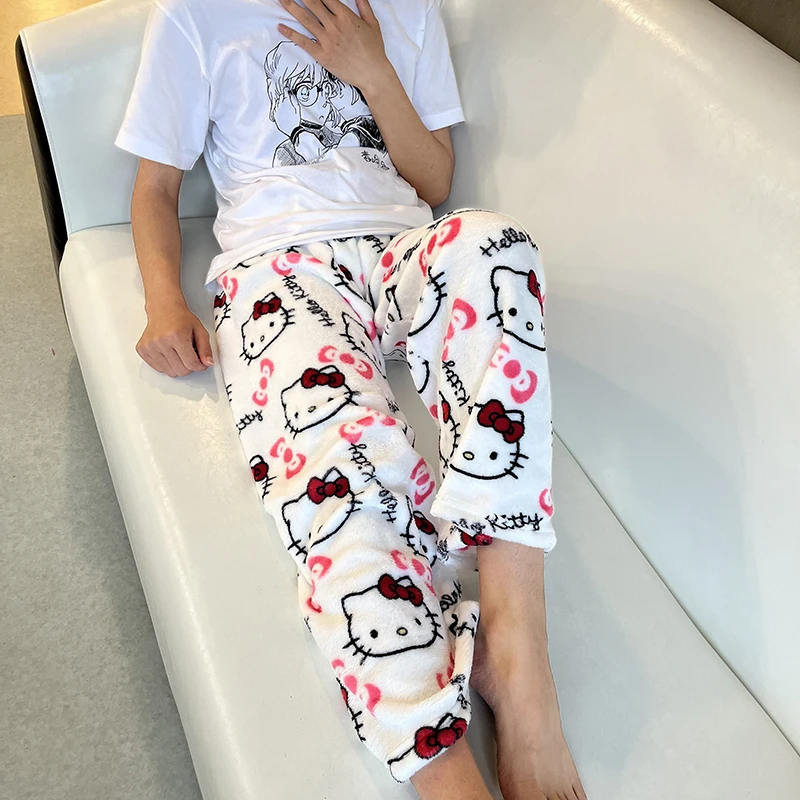 KT Cat Kitty Pajamas Black Anime Flannel Women Warm Woolen Whitecartoon Casual Home Pants Autumn Fashion Trousers Gifts - Image 5